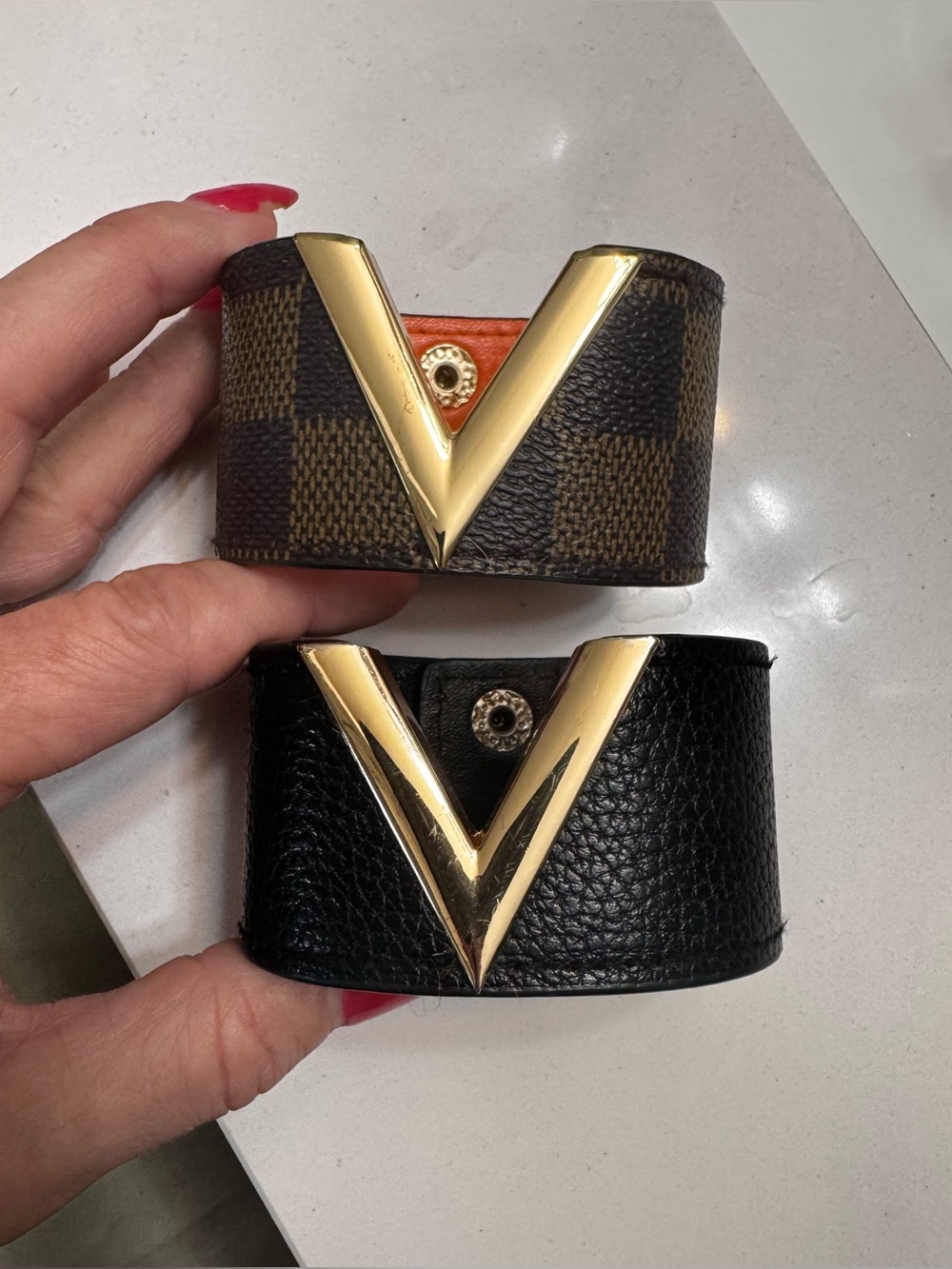 Two Designer-Inspired Gold V-Accent Leather Cuff Bracelet - Black & Brown
